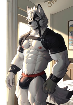 best quality, ultra high res,1furry boy, solo,,((detailed eyes)), volumetric lighting, amazing, finely detail, indoors,in a bedroom ,underwear_only,jockstrap,underwear_bulge,( fur, furry, (((white fur)))), white hair, lycaon, short hair, wolf ears, eye_patch, tail, wolf boy,  red eyes,white fur, eyepatch, shirt,Jock_harness 
