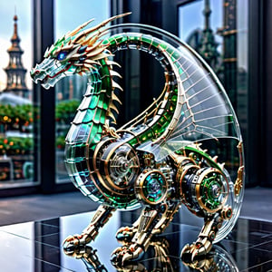 masterpiece, high quality, realistic aesthetic photo ,(HDR:1.2), pore and detailed, intricate detailed, graceful and beautiful textures, RAW photo, 16K, side view, (in the glass ground, on the cosmos), glass mechanical dragon, (bio hybrid robot), transparent glass skin, glass wing,c1bo