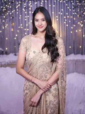 A lovely and cute Indian teenage girl, 23 years old, posing in a pretty foreign dress against the backdrop of a snowy winter road. Her long, blonde hair flows gently in the wind as she gazes out at the camera with a bright smile. The soft focus of the shot captures her youthful beauty and Instagram model charm.