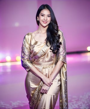 A lovely and cute Indian teenage girl, 23 years old, posing in a pretty foreign dress against the backdrop of a snowy winter road. Her long, blonde hair flows gently in the wind as she gazes out at the camera with a bright smile. The soft focus of the shot captures her youthful beauty and Instagram model charm.