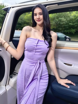 lovely cute young attractive indian girl,  blue eyes,   19 years old,  cute,  an Instagram model,
1girl, solo, long hair, black hair, dress, ground vehicle, purple dress, realistic