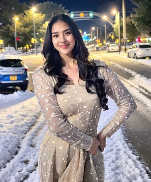 A lovely and cute Indian teenage girl, 23 years old, posing in a pretty foreign dress against the backdrop of a snowy winter road. Her long, blonde hair flows gently in the wind as she gazes out at the camera with a bright smile. The soft focus of the shot captures her youthful beauty and Instagram model charm.