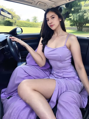 lovely cute young attractive indian girl,  blue eyes,  gorgeous actress,  19 years old,  cute,  an Instagram model,
1girl, solo, long hair, black hair, dress, ground vehicle, purple dress, realistic