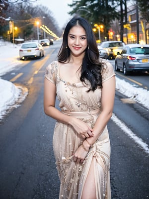 A lovely and cute Indian teenage girl, 23 years old, posing in a pretty foreign dress against the backdrop of a snowy winter road. Her long, blonde hair flows gently in the wind as she gazes out at the camera with a bright smile. The soft focus of the shot captures her youthful beauty and Instagram model charm.