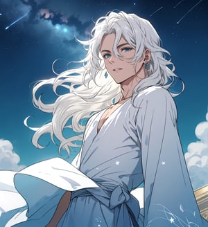 An ethereal man with long wavy straight white hair, cerulean eyes, fair skin, elegant white dress, stars_(sky)