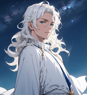 An ethereal man with long wavy straight white hair, cerulean eyes, fair skin, elegant white dress, stars_(sky)