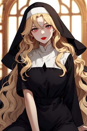 A beautiful woman with long wavy golden hair, vermilion eyes, fair skin, red lips, red nails, nun black dress