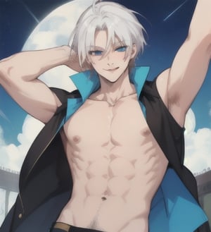 A man with long straight white hair, ipnotic light cerulean eyes, fair skin, winking smile, bare chest,1guy