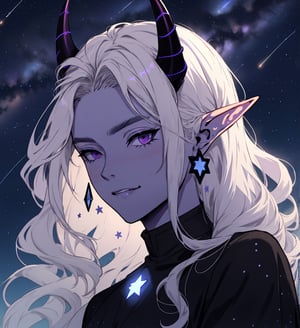 elven man with long wavy straight black hair, purple horns, black sclera, light blue ice, violet skin with white dots in face, elegant black dress, star_(symbol), stars_(sky)