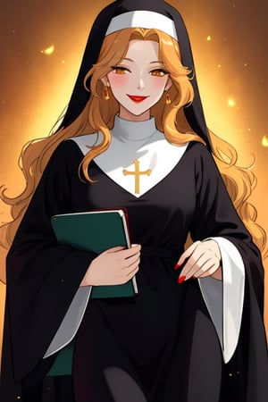 A beautiful witch woman with long wavy straight golden hair, light orange eyes, fair skin, red lips, winking sexy smile, nun black dress