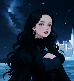 An ethereal woman, thirty years old, long black wavy straight hair, light ice blue eyes, red lips, fair skin, gothic victorian black dress, starry night sky, ice castle, 1girl