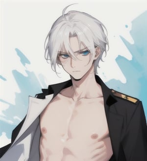 A man with long straight white hair, ipnotic light cerulean eyes, fair skin, authoritarian expression, bare chest,1guy