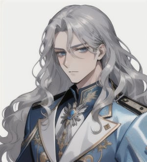 A man with long wavy straight silver hair, ipnotic light cerulean eyes, fair skin, authoritarian expression, elegant and shiny silver dress,1guy