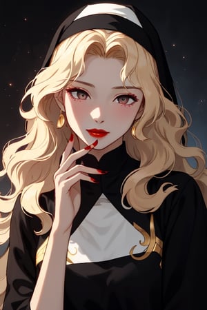 A beautiful woman with long wavy golden hair, vermilion eyes, fair skin, red lips, red nails, nun black dress