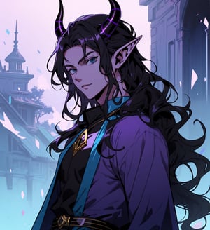 An anime elf man with long wavy straight black hair, purple horns, ipnotic light blue eyes with black sclera, purple skin with bright dots scattered, elegant cerimonial shiny blue dress