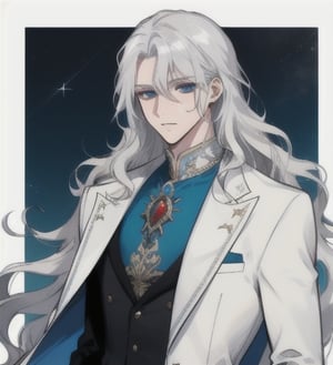 A man with long wavy straight white hair, ipnotic light cerulean eyes, fair skin, elegant and shiny silver dress.,1guy