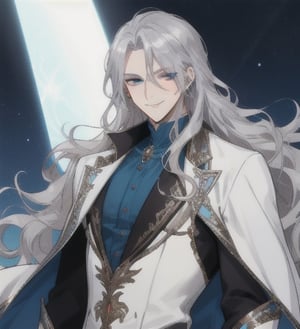 A man with long wavy straight silver hair, ipnotic light cerulean eyes, fair skin, winking smile, elegant and shiny silver dress,1guy