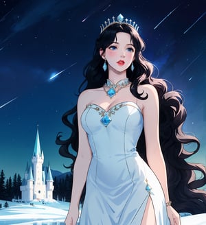 An ethereal woman, thirty years, long black wavy straight hair, light blue eyes, red lips, fair skin, viking white cerimonial dress, starry night sky, ice castle, ice throne, sole_female