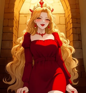 A beautiful woman with long wavy straight golden hair, light orange eyes, fair skin, red lips, red nails, winking mischievous expression, red medieval dress