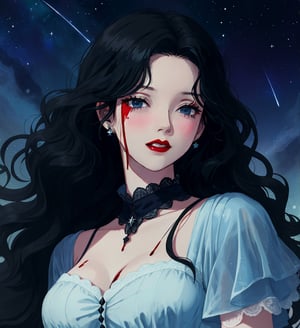 An ethereal woman, thirty years old, long black wavy straight hair, icy eyes, red lips, fair skin, winking expression, blood on her face, gothic victorian black, starry night sky, 1girl