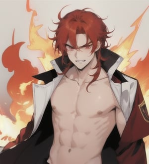 A beautiful anime man with wavy straight red hair, ipnotic vermillion eyes, fair skin, bare chest, angry smile with exposed teeth, flames background, 1guy