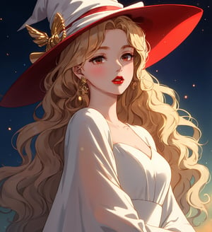 An ethereal woman with long wavy straight golden hair, vermillion eyes, red lips, fair skin, elegant white dress, witch hat, sole_female