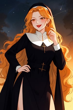 A beautiful witch woman with long wavy straight golden hair, light orange eyes, fair skin, red lips, winking smile, nun black dress