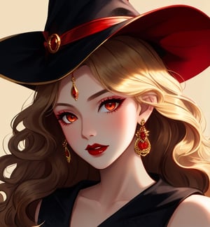 Close-up A beautiful witch woman with long wavy golden hair, vermillion eyes, fair skin, red lips, red nails, elegant and shiny black dress, black cat