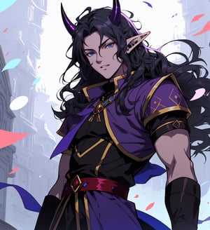 An anime elf man with long wavy straight black hair, purple horns, ipnotic light blue eyes with black sclera, light purple skin with bright dots scattered on the skin, elegant and fantasy shiny blue dress