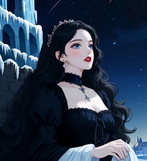 An ethereal woman, thirty years, long black wavy straight hair, light blue eyes, red lips, fair skin, gothic victorian black dress, starry night sky, ice castle, ice throne, sole_female