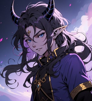 An anime elf man with long wavy straight black hair, purple horns, ipnotic light blue eyes with black sclera, light purple skin with bright dots scattered on the skin, elegant and fantasy shiny blue dress