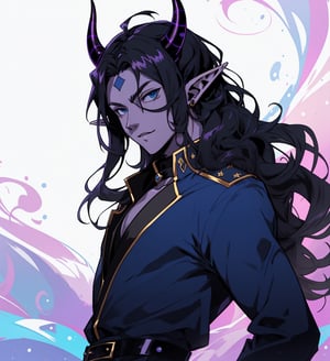 An anime elf man with long wavy straight black hair, purple horns, ipnotic light blue eyes, black sclera, purple skin with bright dots on the face, elegant cerimonial shiny blue dress