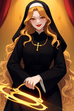 A beautiful witch woman with long wavy straight golden hair, light orange eyes, fair skin, red lips, winking sexy smile, nun black dress
