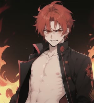 A beautiful anime man with short wavy straight red hair, ipnotic vermillion eyes, fair skin, bare chest, angry smile with exposed teeth, flames background, 1guy