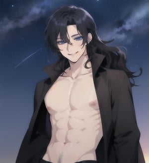 A beautiful anime man with long wavy straight black hair, ipnotic light blue eyes, fair skin, bare chest, winking smile, night sky background, 1guy
