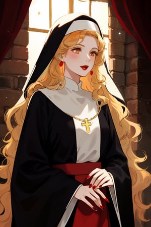 A beautiful witch woman with long wavy straight golden hair, light orange eyes, fair skin, red lips, red nails, elegant nun black dress