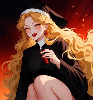 A beautiful witch woman with long wavy straight golden hair, light orange eyes, fair skin, red lips, red nails, winking mischievous expression, nun black dress