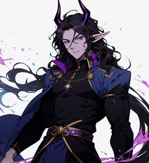 An anime elf man with long wavy straight black hair, purple horns, ipnotic light blue eyes with black sclera, purple skin with bright dots scattered, elegant cerimonial shiny blue dress