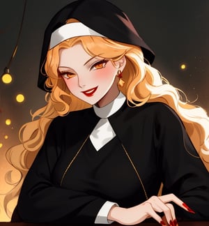 A beautiful witch woman with long wavy straight golden hair, light orange eyes, fair skin, red lips, red nails, winking mischievous expression, nun black dress