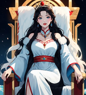 An ethereal woman, thirty years, long black wavy straight hair, light blue eyes, red lips, fair skin, viking white cerimonial dress, throne of ice, sole_female