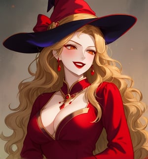 A beautiful witch woman with long wavy straight golden hair, light orange eyes, fair skin, red lips, red nails, winking mischievous expression, red medieval dress