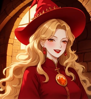 A beautiful witch woman with long wavy straight golden hair, light orange eyes, fair skin, red lips, red nails, winking mischievous expression, red medieval dress