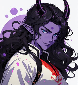 An anime elf man with long wavy straight black hair, purple horns, light blue eyes, black sclera, purple skin with bright white dots on the face, elegant cerimonial violet dress