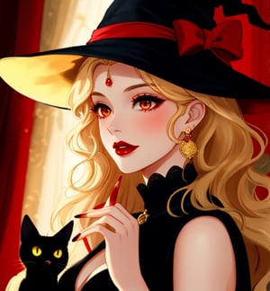 Close-up A beautiful witch woman with long wavy golden hair, vermillion eyes, fair skin, red lips, red nails, elegant and shiny black dress, black cat