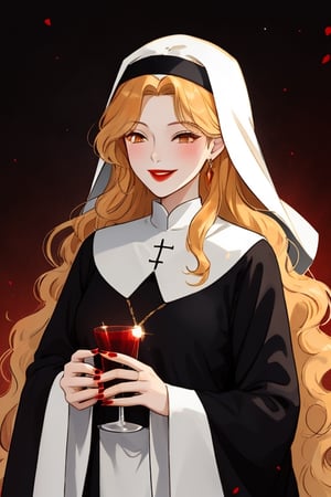 A beautiful witch woman with long wavy straight golden hair, light orange eyes, fair skin, red lips, red nails, winking smile, nun black dress
