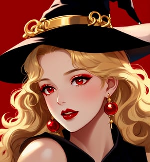 Close-up A beautiful witch woman with long wavy golden hair, vermillion eyes, fair skin, red lips, red nails, elegant and shiny black dress