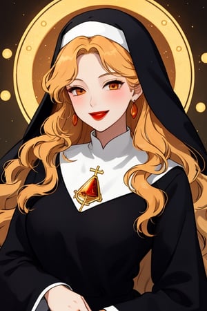 A beautiful witch woman with long wavy straight golden hair, light orange eyes, fair skin, red lips, winking smile, nun black dress