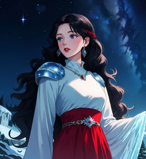 An ethereal woman, thirty years, long black wavy straight hair, light blue eyes, red lips, fair skin, viking dress, starry night sky, ice castle, ice throne, sole_female