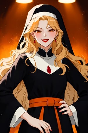 A beautiful witch woman with long wavy straight golden hair, light orange eyes, fair skin, red lips, winking mischievous expression, nun black dress