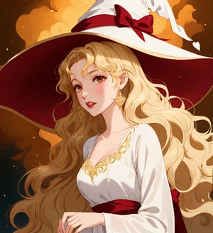 An ethereal woman with long wavy straight golden hair, vermillion eyes, red lips, fair skin, elegant white dress, witch hat, sole_female